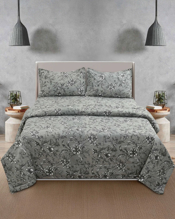 Comforter & Bedsheet Set | Floral Design | Grey (With Free Matching Pillow Covers)