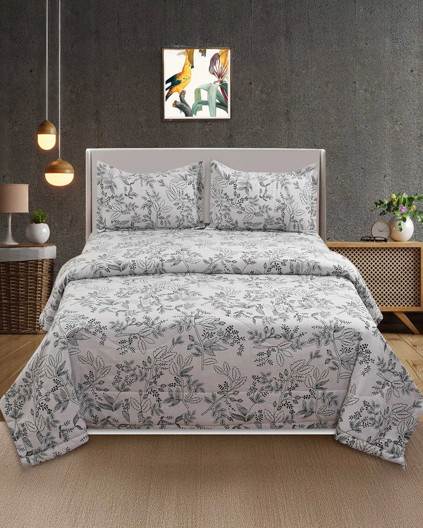 Comforter & Bedsheet Set | Floral Design | Light Grey (With Free Matching Pillow Covers)