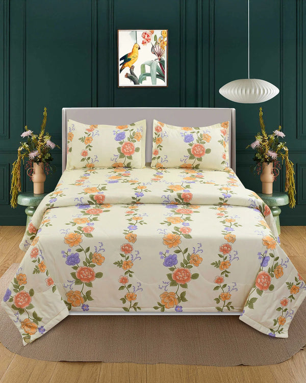Comforter & Bedsheet Set | Floral Design | Beige Lavender (With Free Matching Pillow Covers)