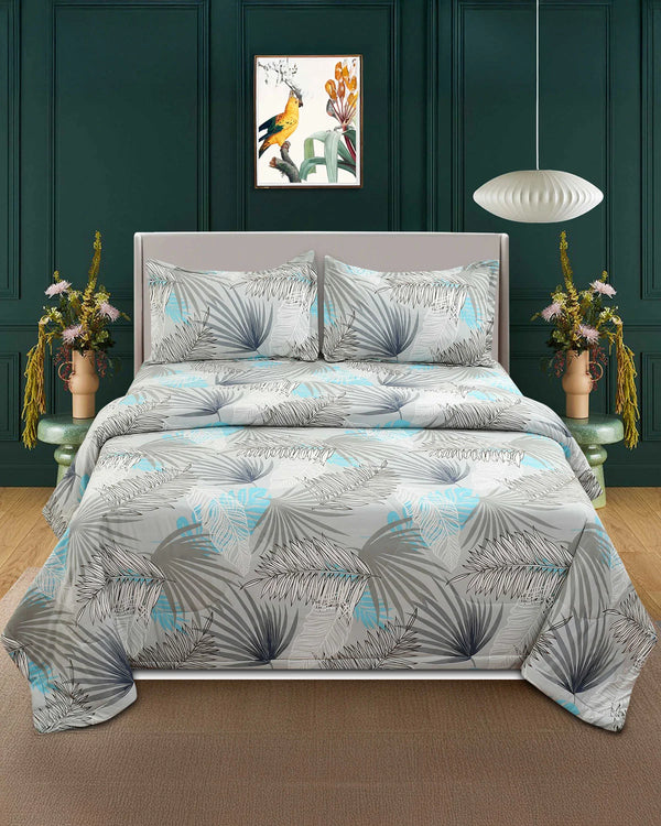 Comforter & Bedsheet Set | Floral Design | Sky & Grey (With Free Matching Pillow Covers)