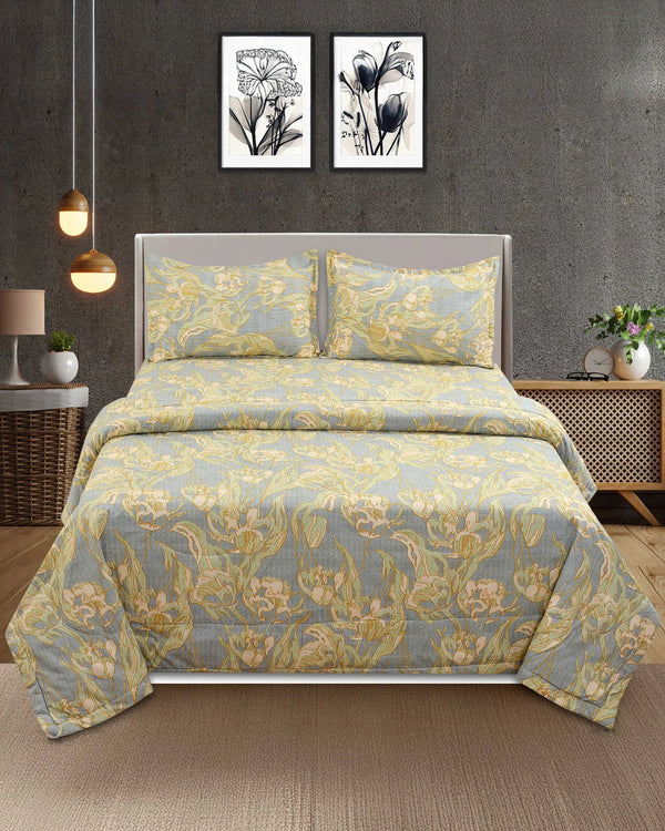 Comforter & Bedsheet Set | Floral Design | Olive Green (With Free Matching Pillow Covers)
