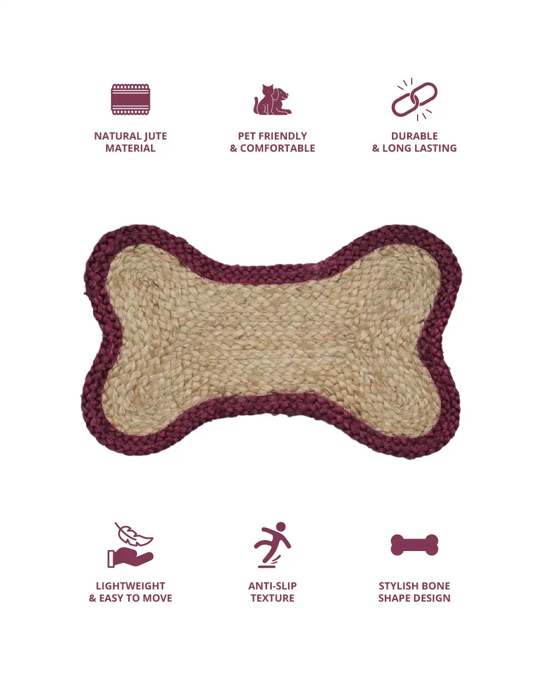 Jute Bone Shape Pet Mat 30X50 Maroon